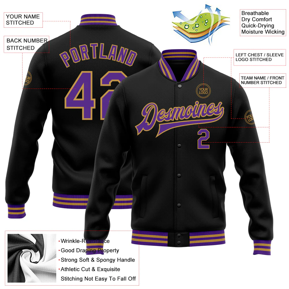 Custom Black Purple-Old Gold Bomber Full-Snap Varsity Letterman Jacket - Image 4