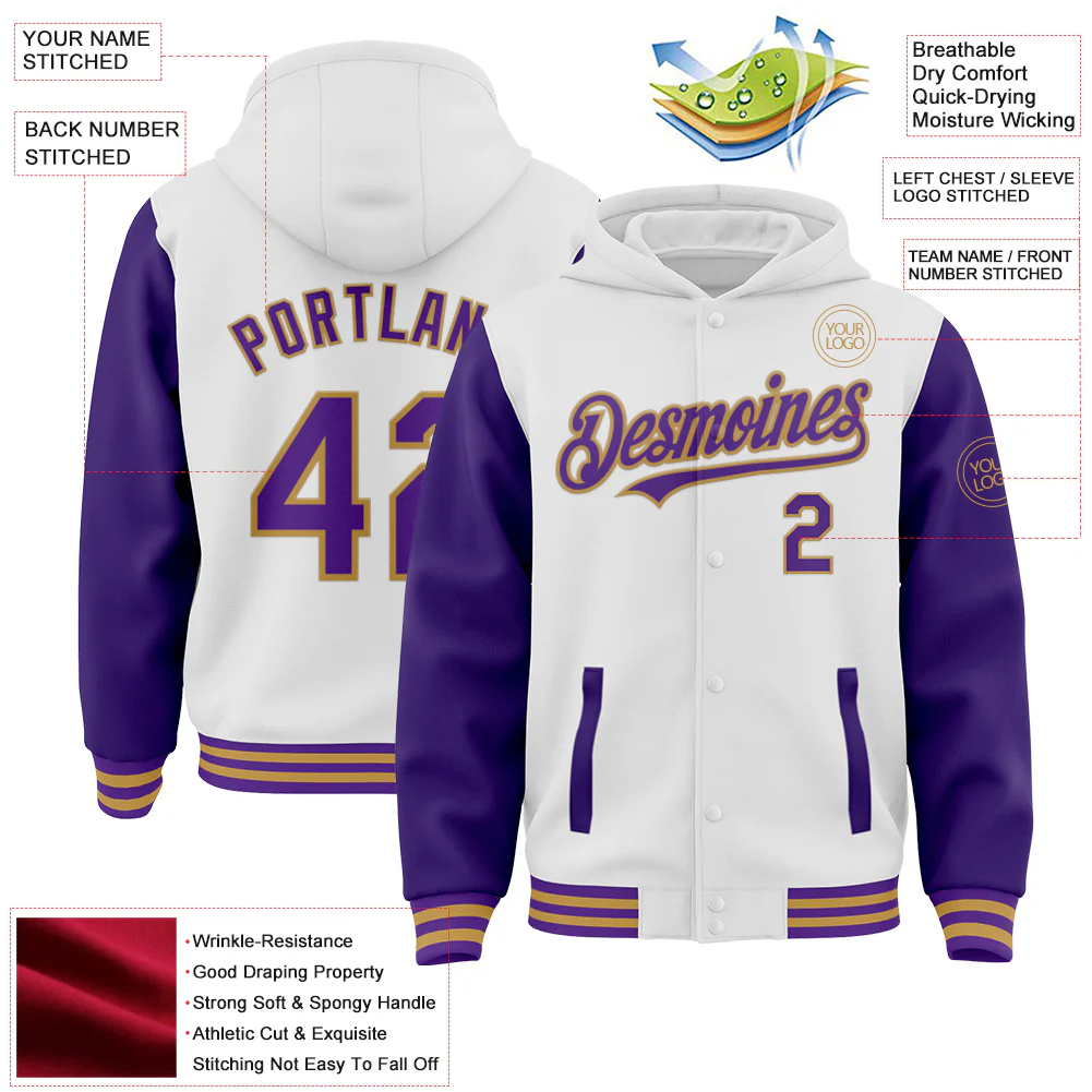 Custom White Purple-Old Gold Bomber Full-Snap Varsity Letterman Two Tone Hoodie Jacket - Image 4