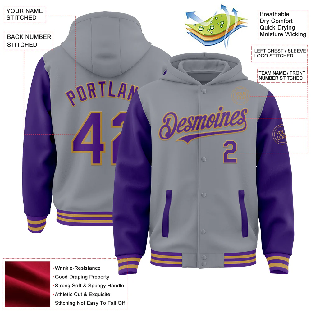 Custom Gray Purple-Old Gold Bomber Full-Snap Varsity Letterman Two Tone Hoodie Jacket - Image 4