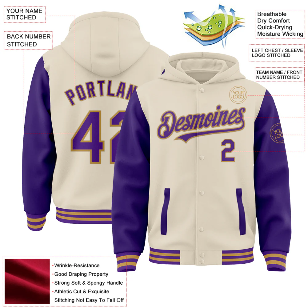 Custom Cream Purple-Old Gold Bomber Full-Snap Varsity Letterman Two Tone Hoodie Jacket - Image 4