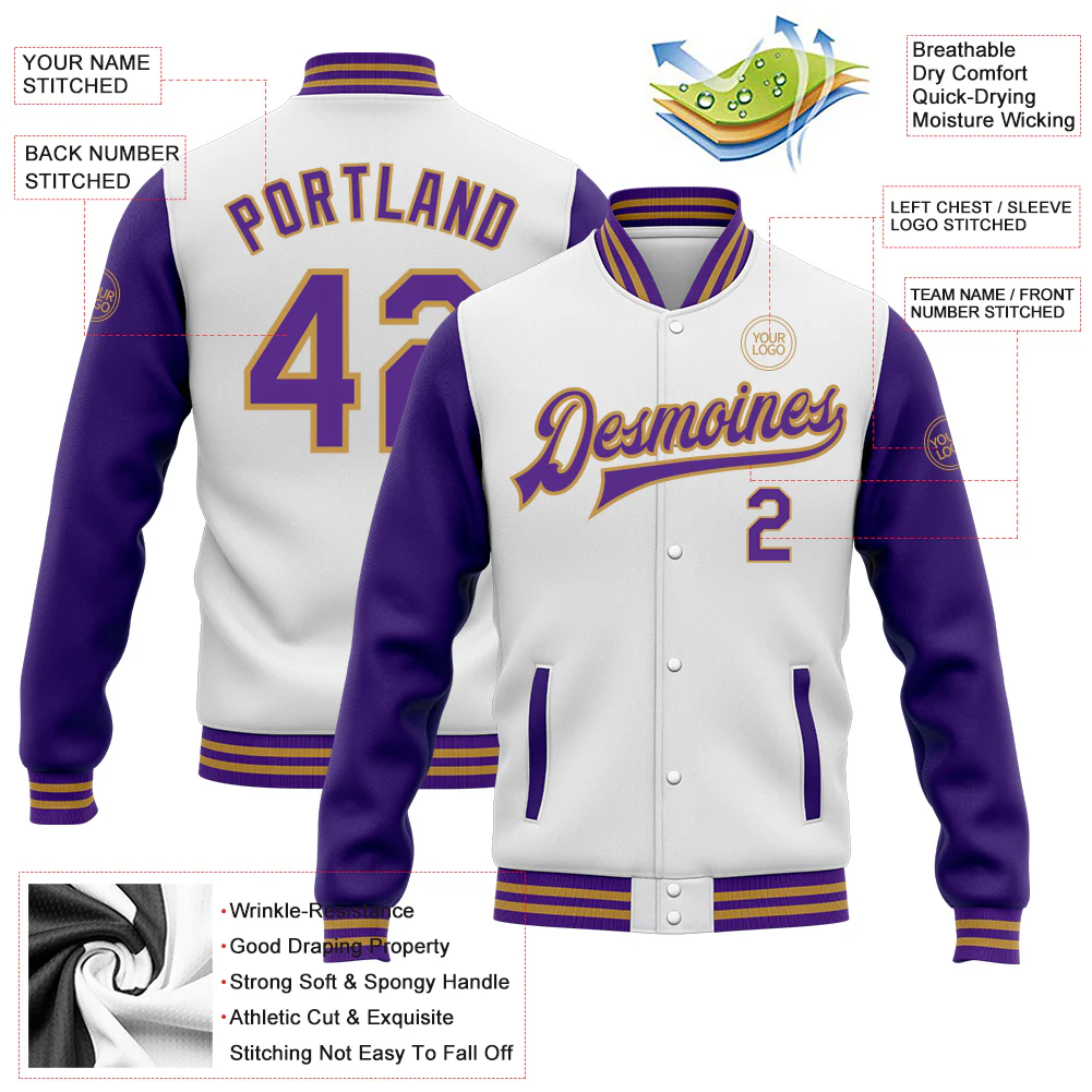 Custom White Purple-Old Gold Bomber Full-Snap Varsity Letterman Two Tone Jacket - Image 4
