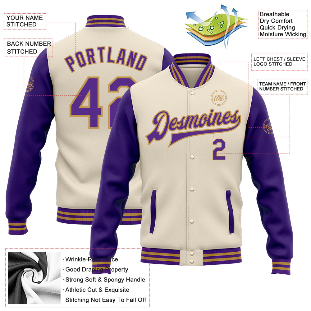 Custom Cream Purple-Old Gold Bomber Full-Snap Varsity Letterman Two Tone Jacket - Image 4
