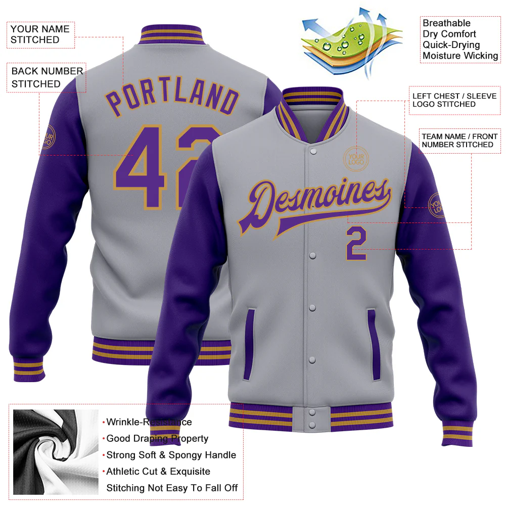 Custom Gray Purple-Old Gold Bomber Full-Snap Varsity Letterman Two Tone Jacket - Image 4