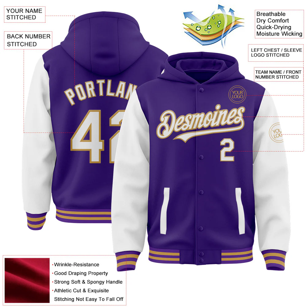 Custom Purple White-Old Gold Bomber Full-Snap Varsity Letterman Two Tone Hoodie Jacket - Image 4