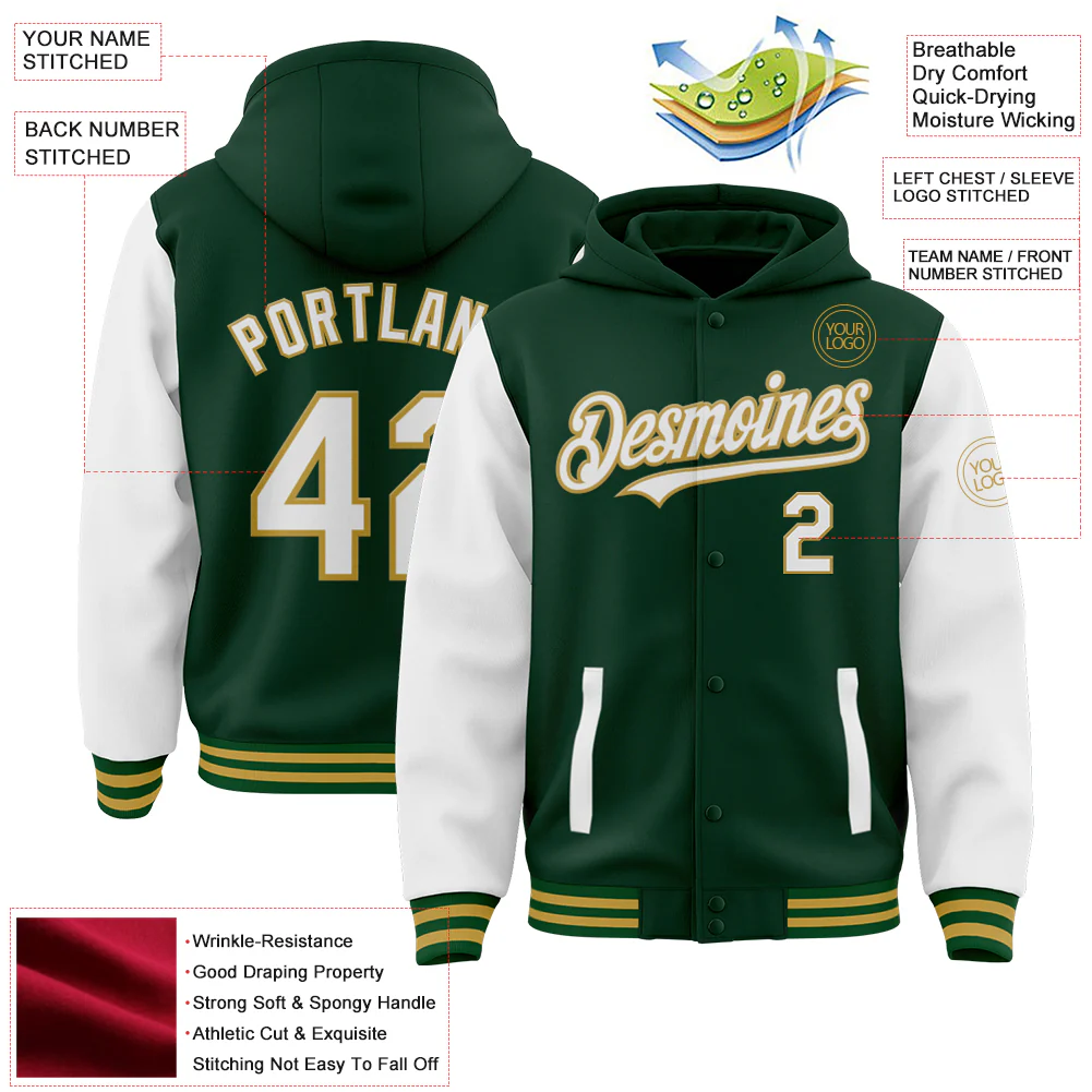 Custom Green White-Old Gold Bomber Full-Snap Varsity Letterman Two Tone Hoodie Jacket - Image 4