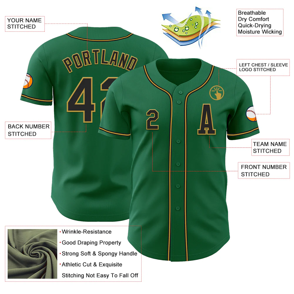 Custom Kelly Green Black-Old Gold Authentic Baseball Jersey - Image 2