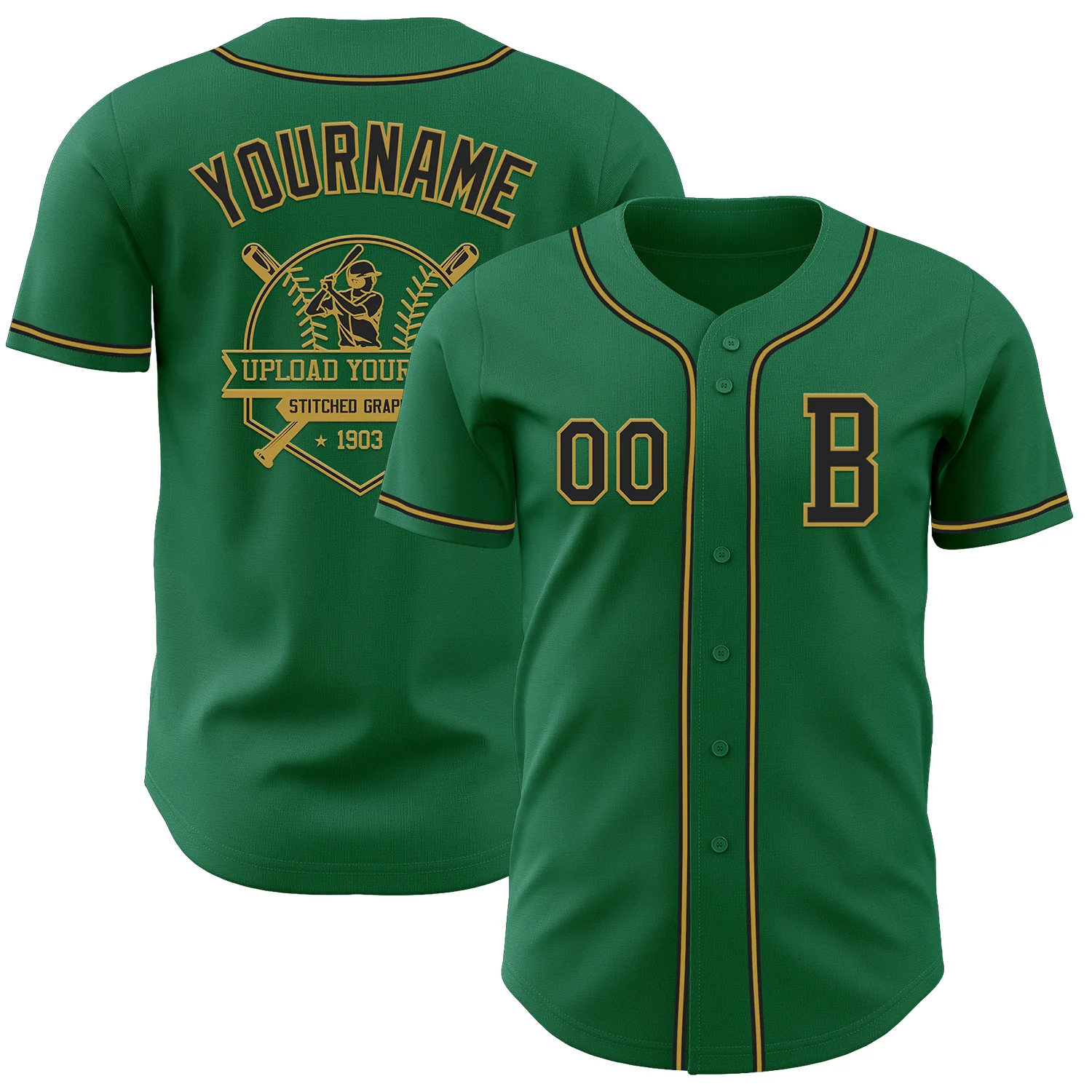 Custom Kelly Green Black-Old Gold Authentic Baseball Jersey - Image 5