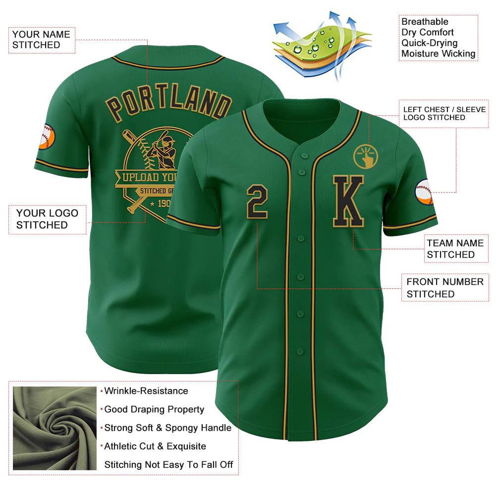Custom Kelly Green Black-Old Gold Authentic Baseball Jersey - Image 6