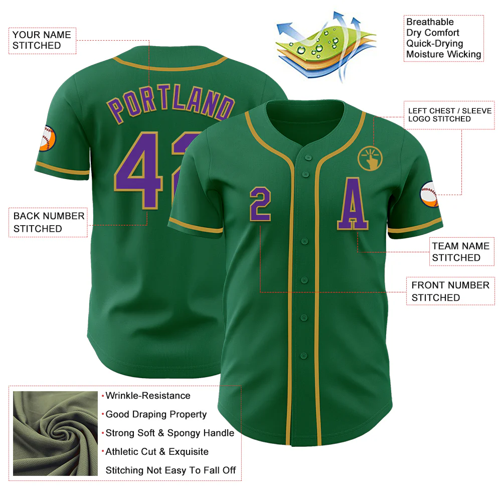 Custom Kelly Green Purple-Old Gold Authentic Baseball Jersey - Image 2