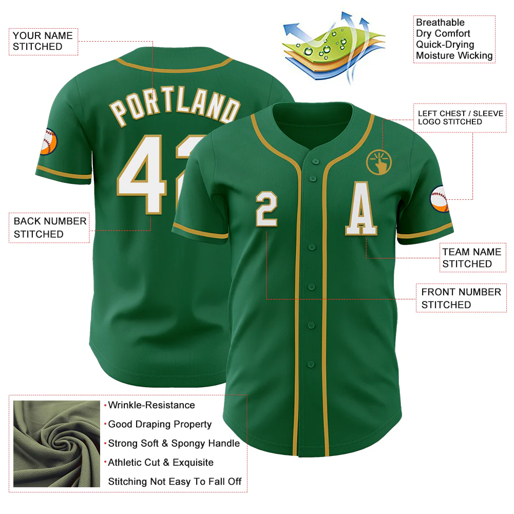 Custom Kelly Green White-Old Gold Authentic Baseball Jersey - Image 2