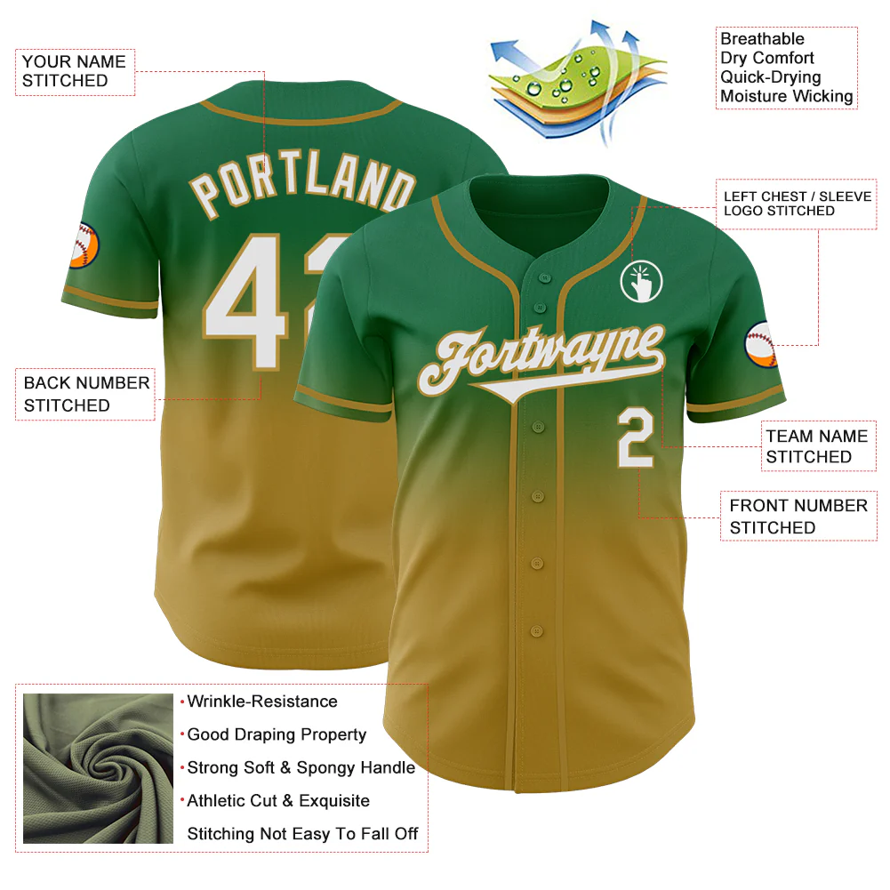 Custom Kelly Green White-Old Gold Authentic Fade Fashion Baseball Jersey - Image 3