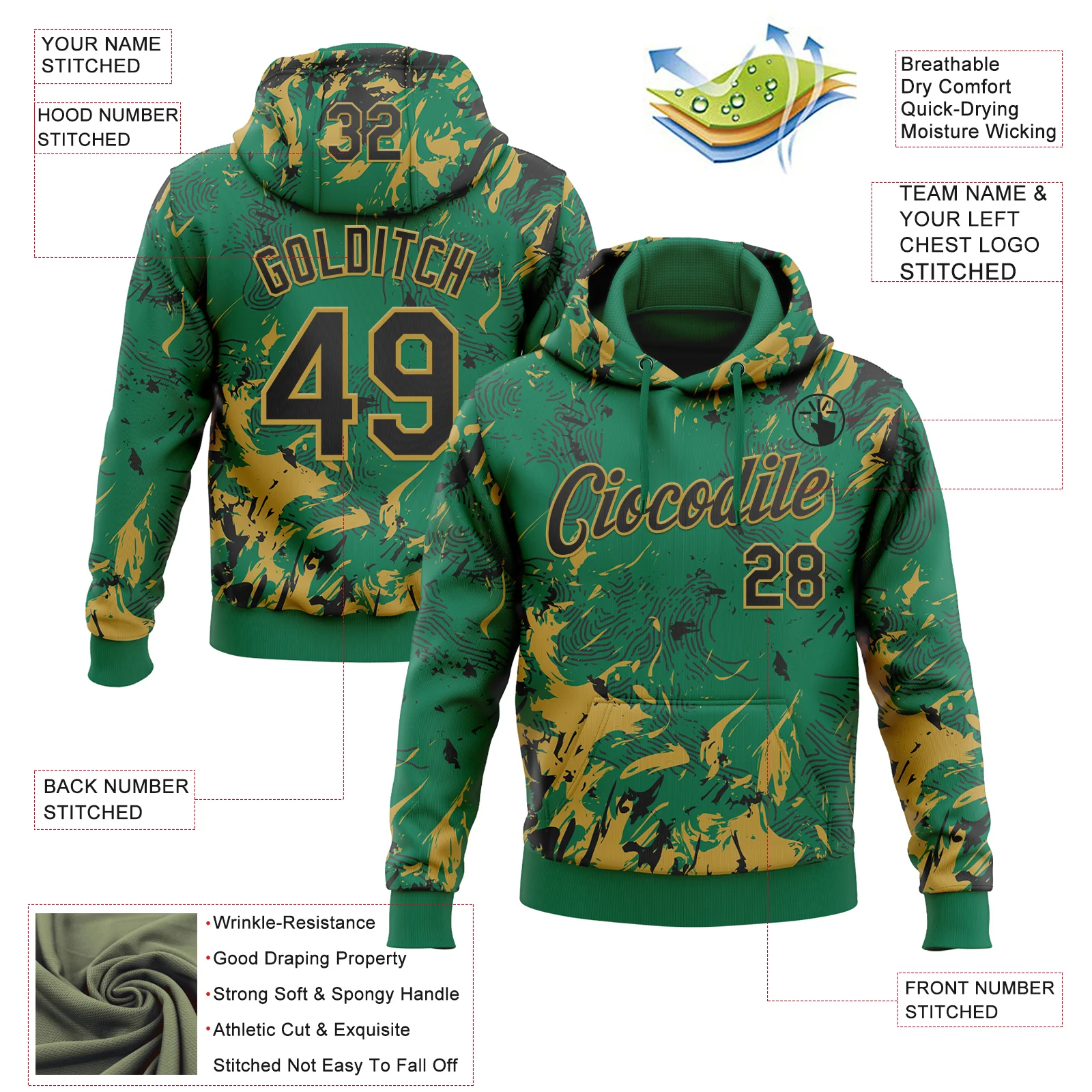 Custom Stitched Kelly Green Black-Old Gold Splash Sports Pullover Sweatshirt Hoodie - Image 4