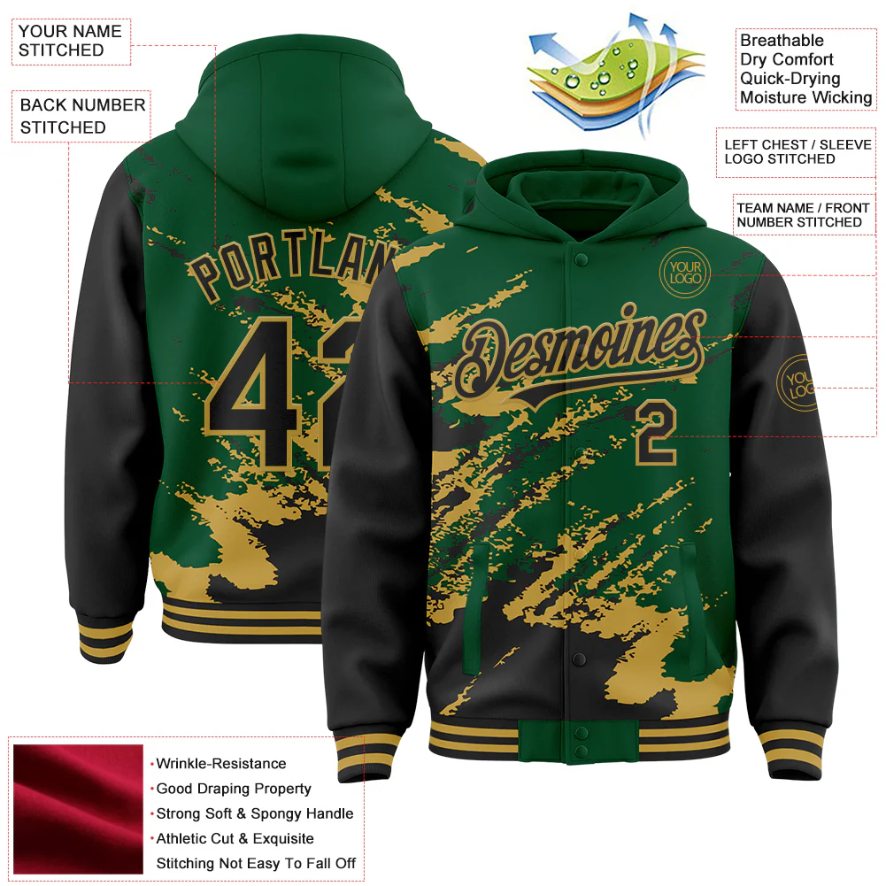 Custom Kelly Green Black-Old Gold Splash Art 3D Pattern Design Bomber Full-Snap Varsity Letterman Hoodie Jacket - Image 4