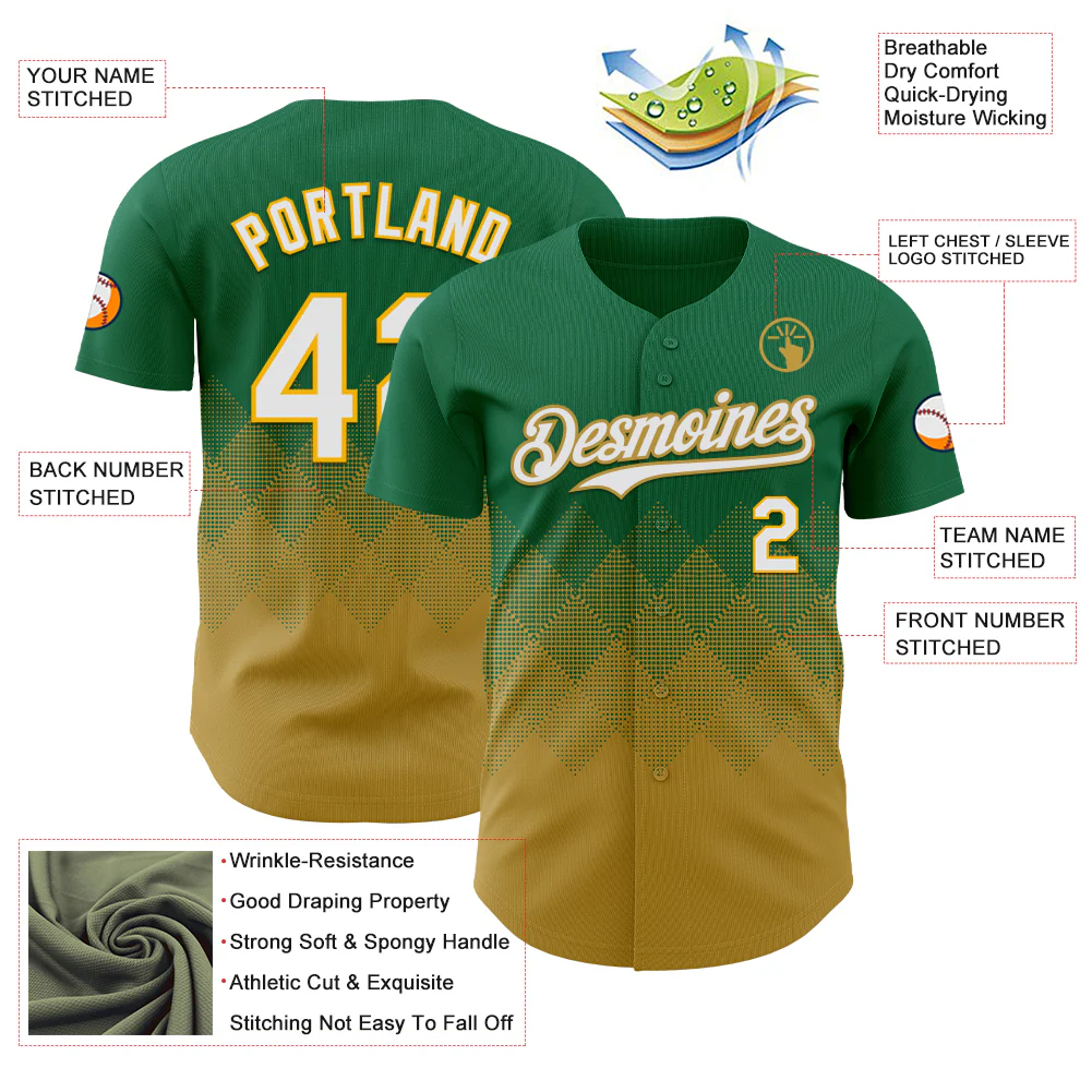 Custom Kelly Green White-Old Gold 3D Gradient Square Shape Authentic Baseball Jersey - Image 3