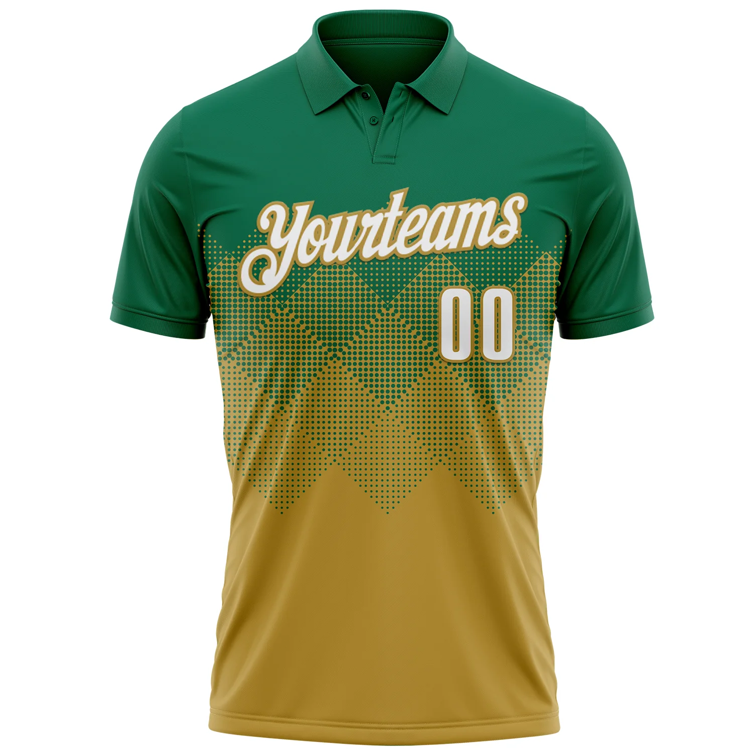 Custom Kelly Green White-Old Gold 3D Gradient Square Shape Performance Polo Shirt - Image 2