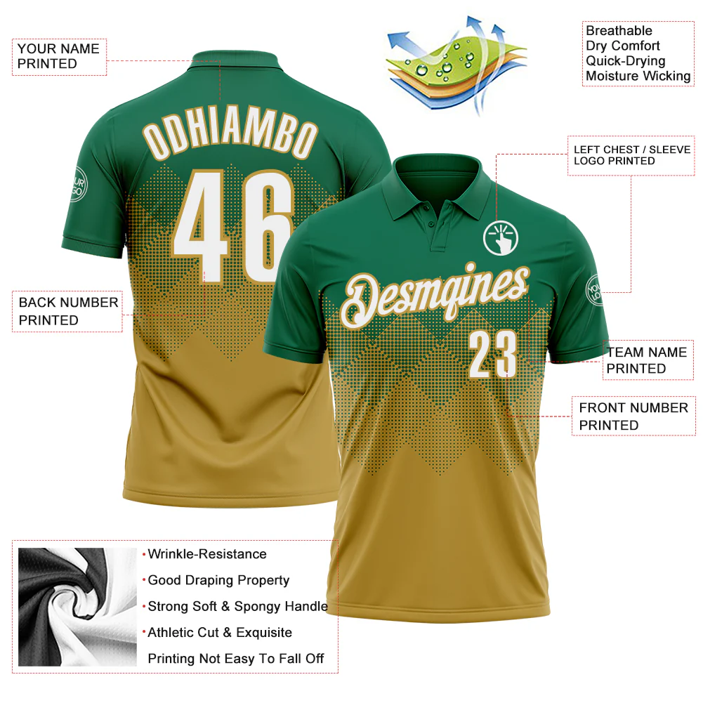 Custom Kelly Green White-Old Gold 3D Gradient Square Shape Performance Polo Shirt - Image 3