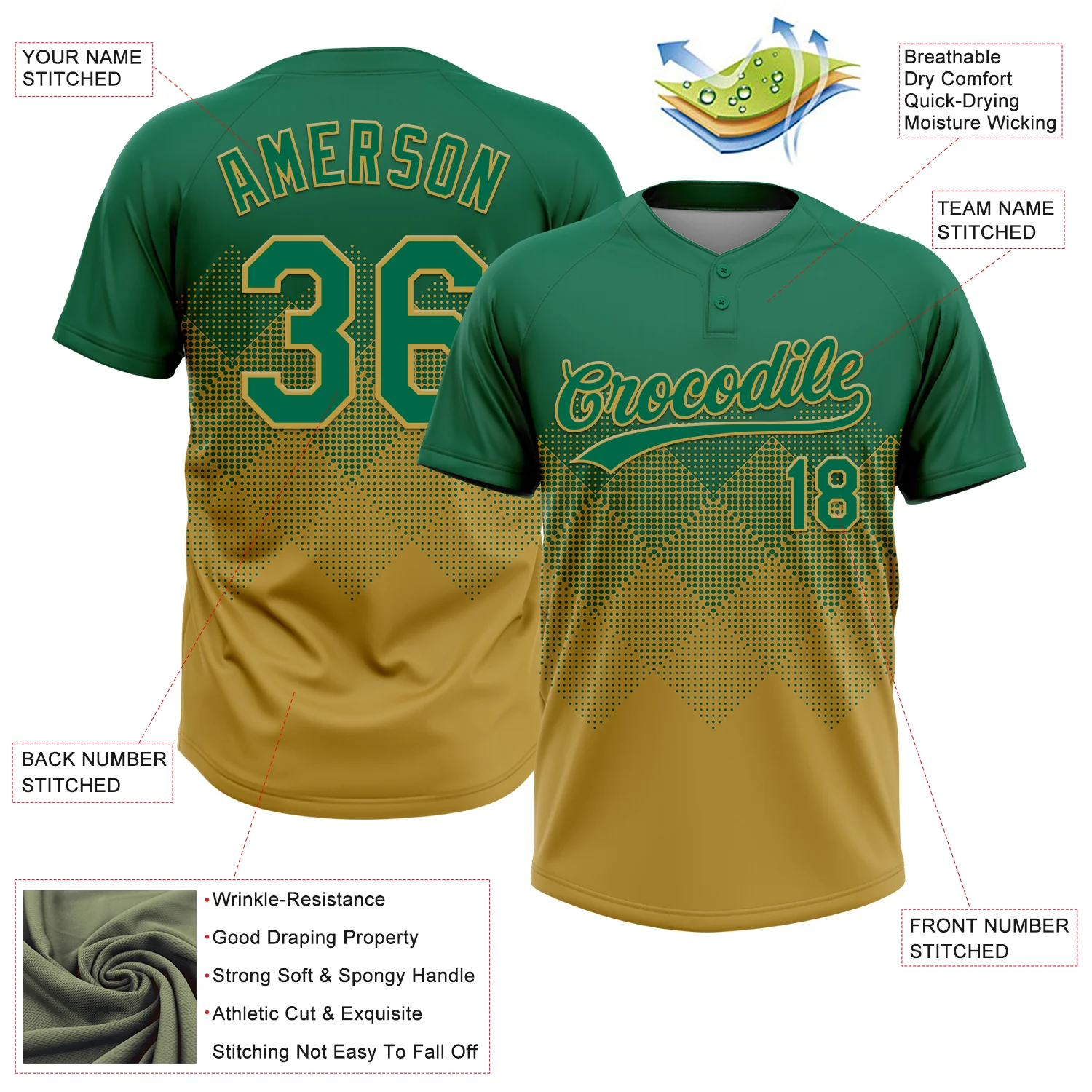 Custom Kelly Green Old Gold 3D Gradient Square Shape Two-Button Unisex Softball Jersey - Image 3