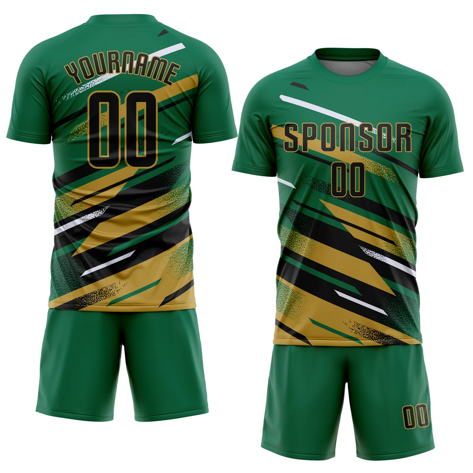 Custom Kelly Green Black Old Gold-White Grunge Stripe And Grainy Sports Sublimation Soccer Uniform Jersey - Image 2
