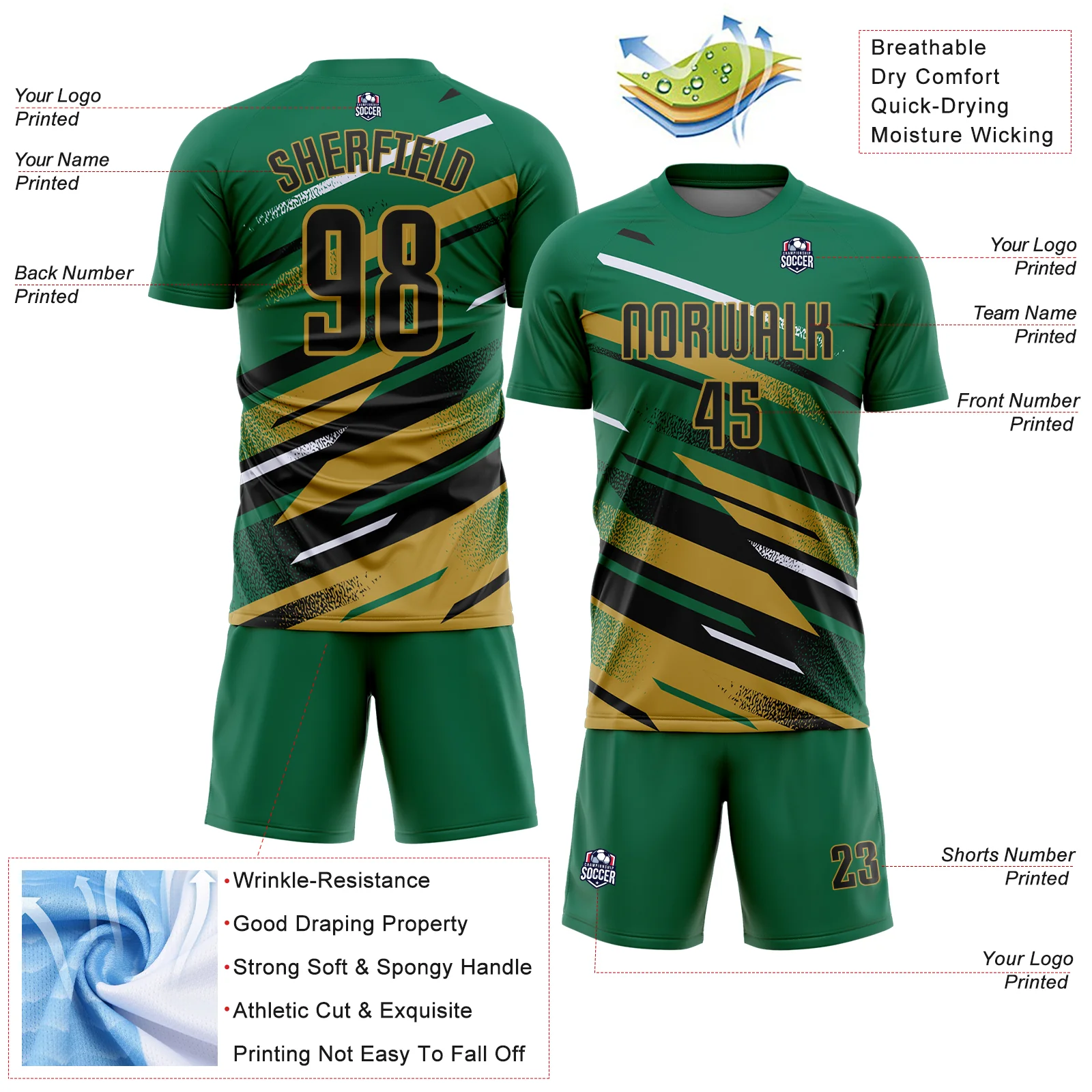 Custom Kelly Green Black Old Gold-White Grunge Stripe And Grainy Sports Sublimation Soccer Uniform Jersey - Image 4