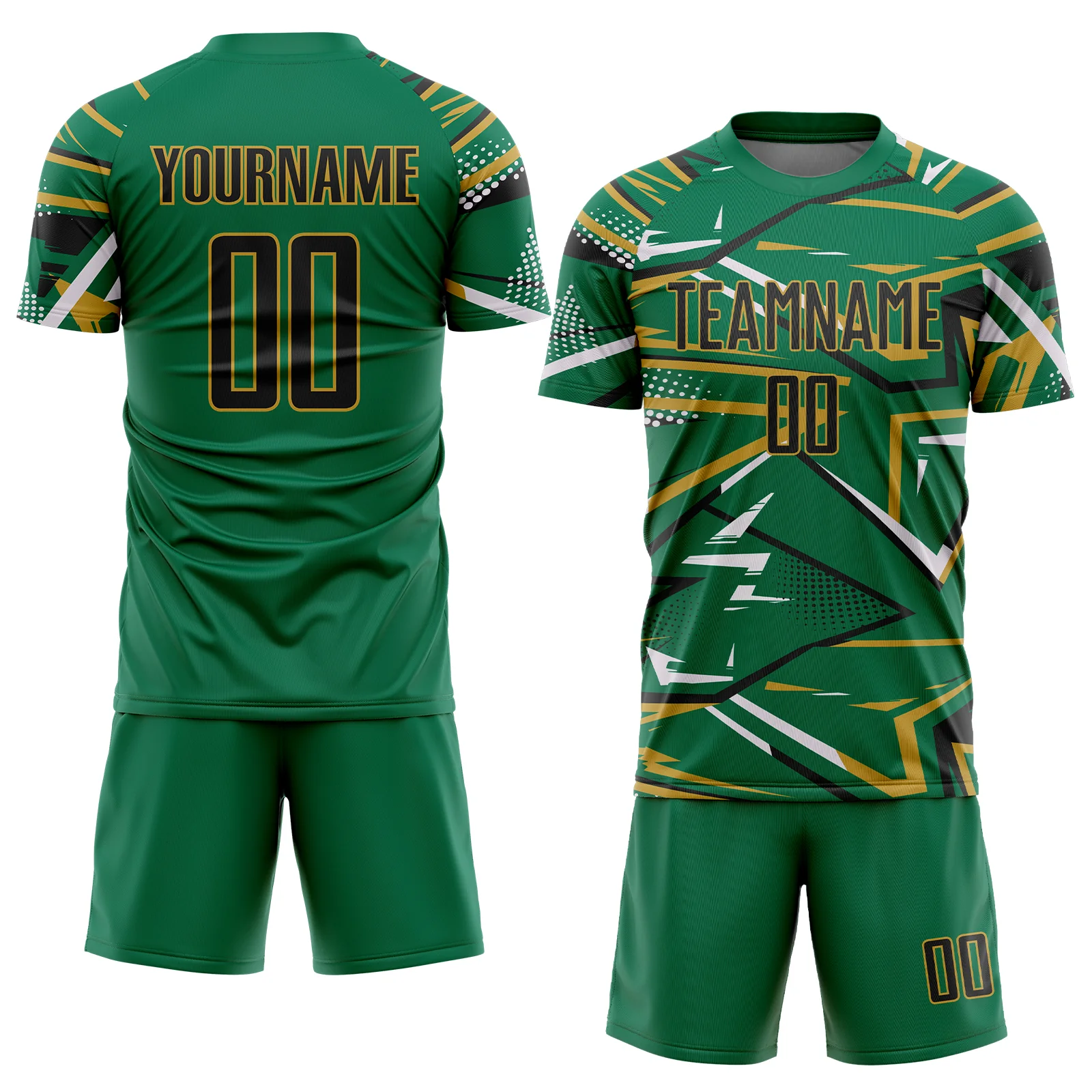 Custom Kelly Green Black Old Gold-White Abstract Geometric Stripes Sports Sublimation Soccer Uniform Jersey - Image 2