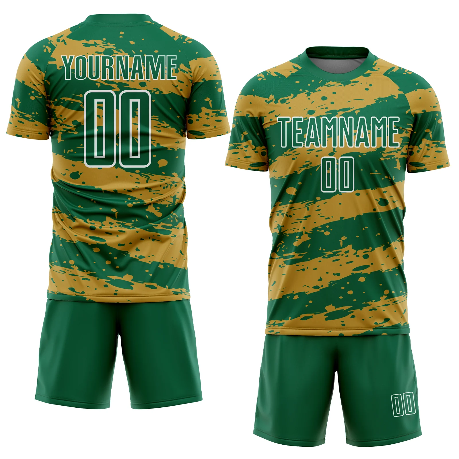 Custom Kelly Green Old Gold-White Splash Sublimation Soccer Uniform Jersey - Image 2