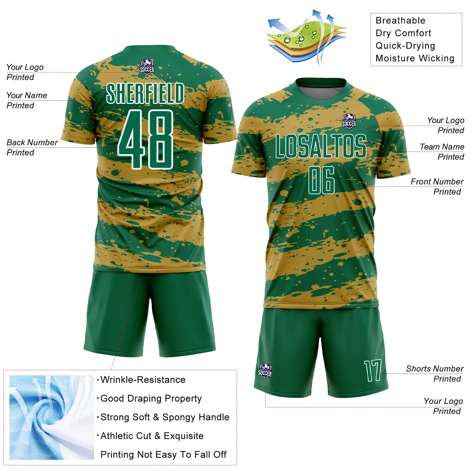 Custom Kelly Green Old Gold-White Splash Sublimation Soccer Uniform Jersey - Image 4