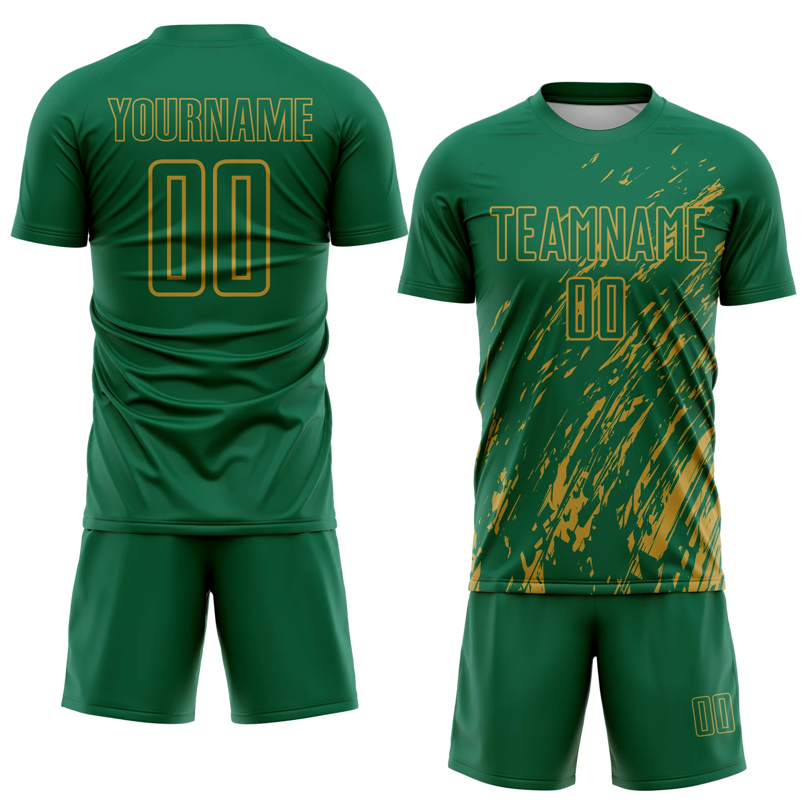 Custom Kelly Green Old Gold Splash Sublimation Soccer Uniform Jersey - Image 2