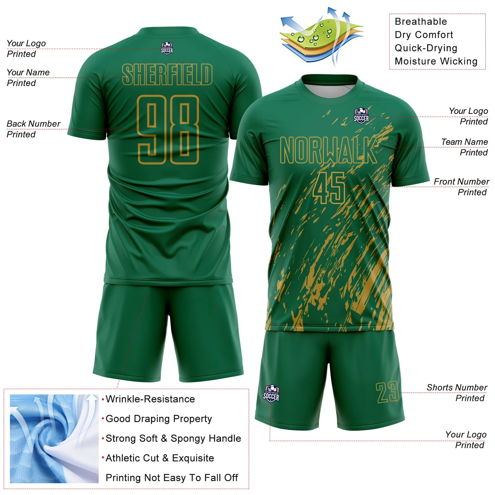 Custom Kelly Green Old Gold Splash Sublimation Soccer Uniform Jersey - Image 4