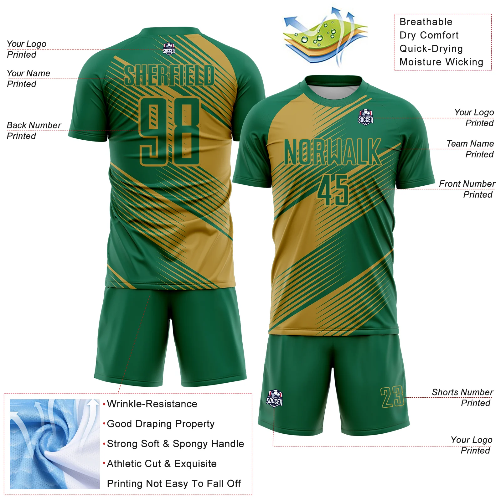 Custom Kelly Green Old Gold Line Sublimation Soccer Uniform Jersey - Image 4