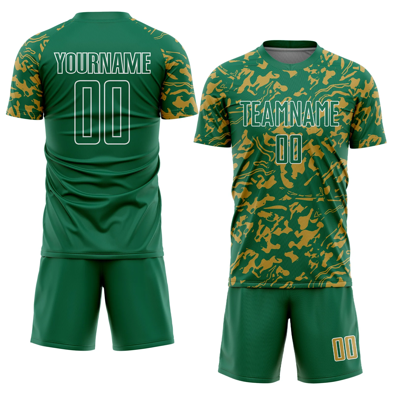 Custom Kelly Green Old Gold-White Liquid Fluid Pattern Sports Sublimation Soccer Uniform Jersey - Image 2