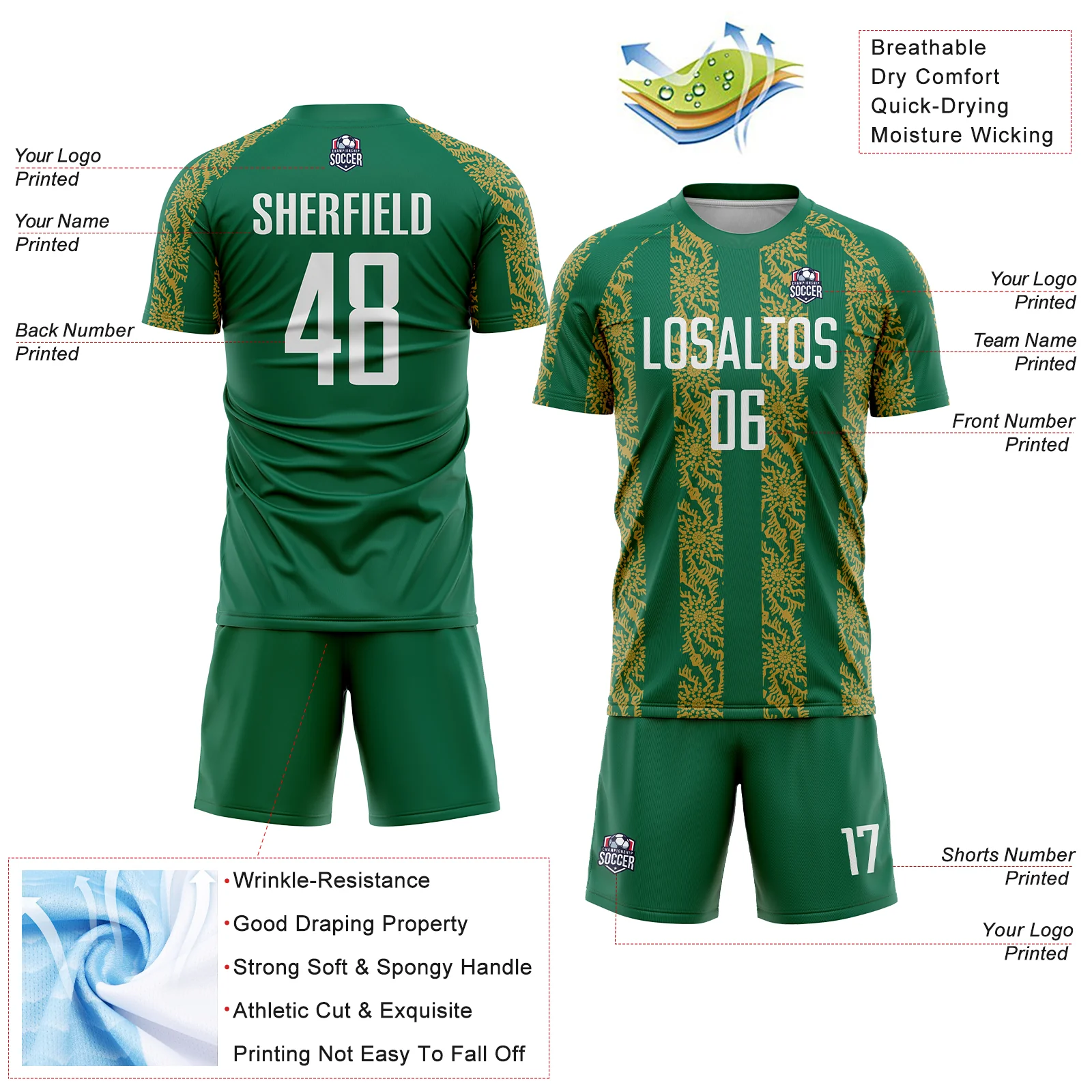 Custom Kelly Green White-Old Gold Abstract Shape Sublimation Soccer Uniform Jersey - Image 4