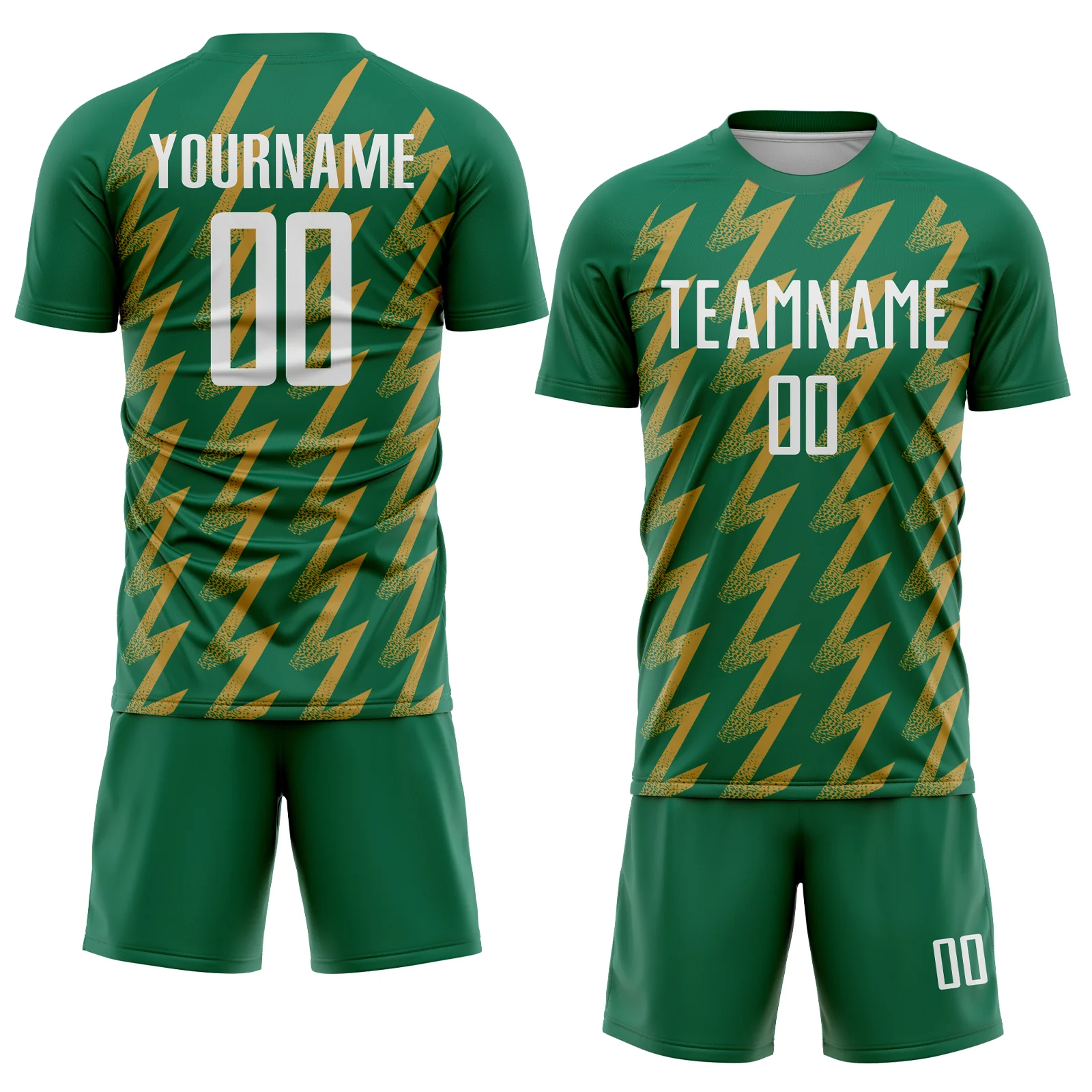 Custom Kelly Green White-Old Gold Zigzag Shape Sublimation Soccer Uniform Jersey - Image 2