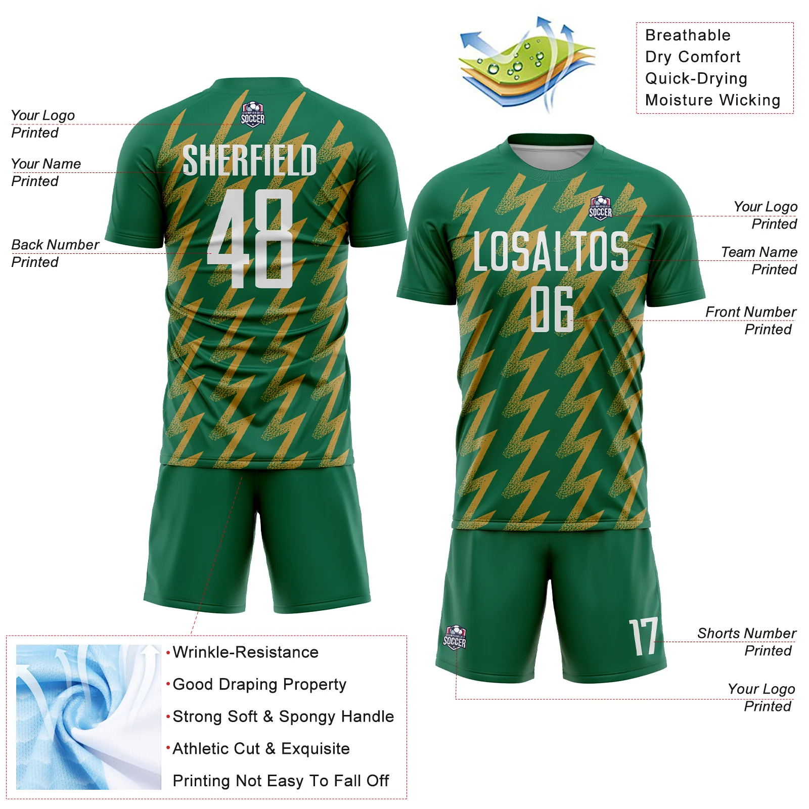 Custom Kelly Green White-Old Gold Zigzag Shape Sublimation Soccer Uniform Jersey - Image 4