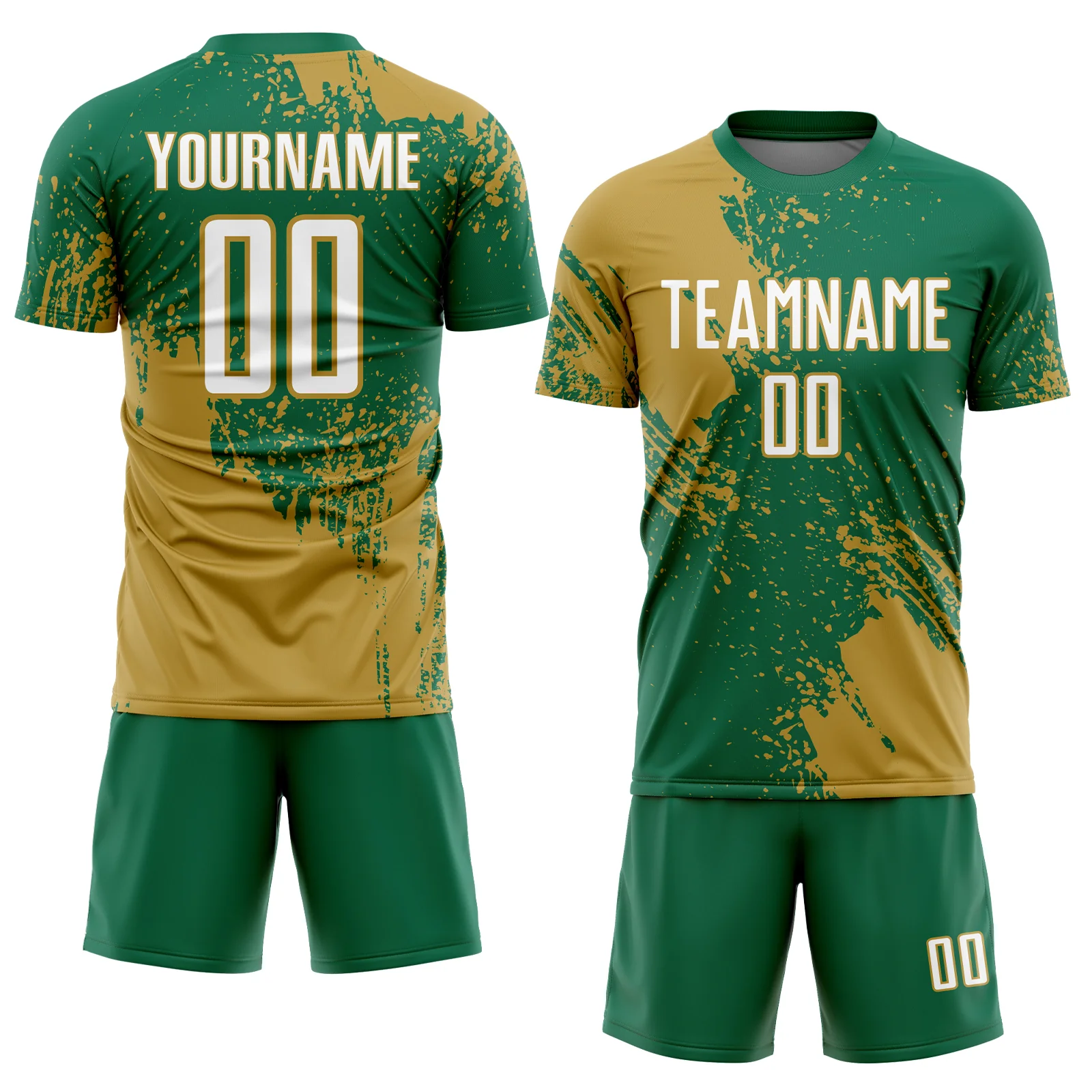 Custom Kelly Green White-Old Gold Abstract Brush Stroke Sports Sublimation Soccer Uniform Jersey - Image 2