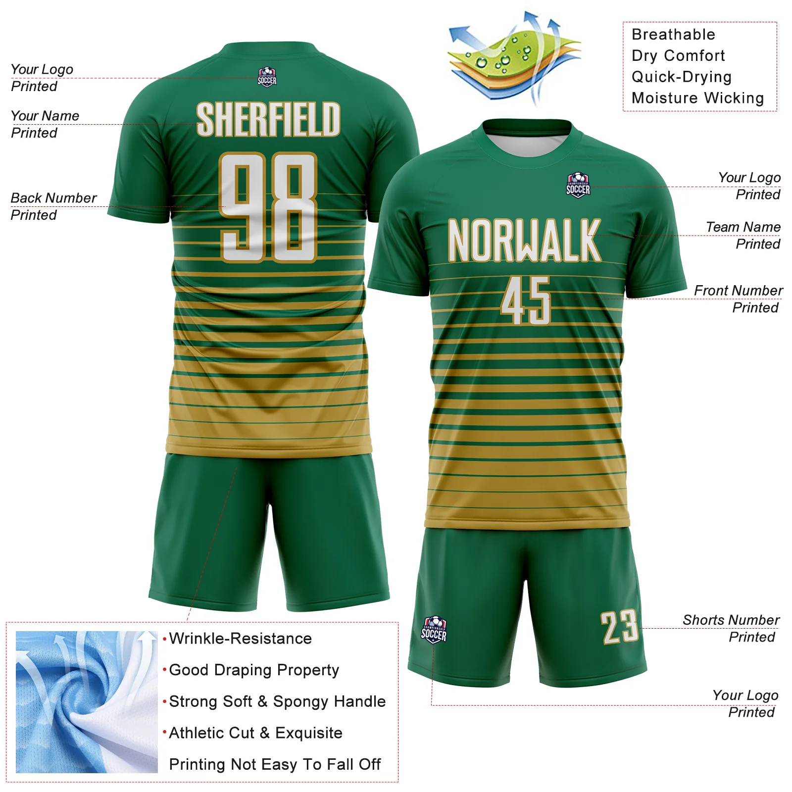 Custom Kelly Green White-Old Gold Gradient Pinstripe Sublimation Soccer Uniform Jersey - Image 4