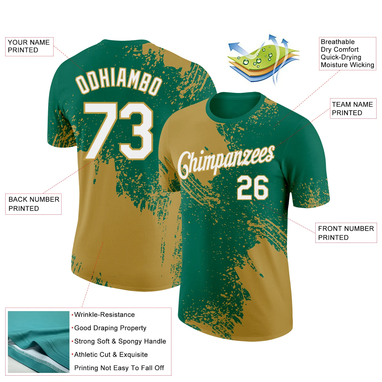 Custom Kelly Green White-Old Gold 3D Pattern Design Abstract Brush Stroke Performance T-Shirt - Image 2