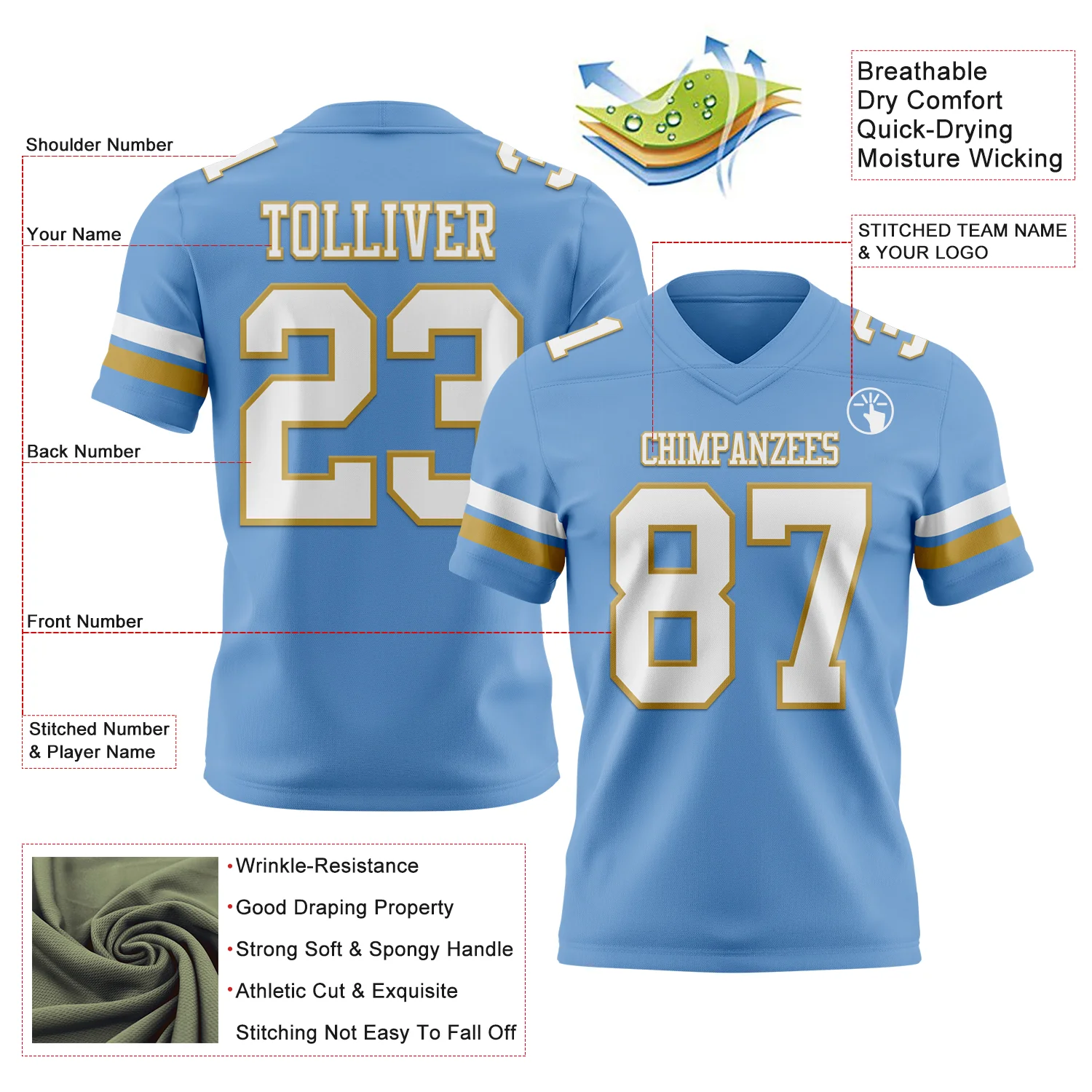 Custom Light Blue White-Old Gold Authentic Football Jersey - Image 3