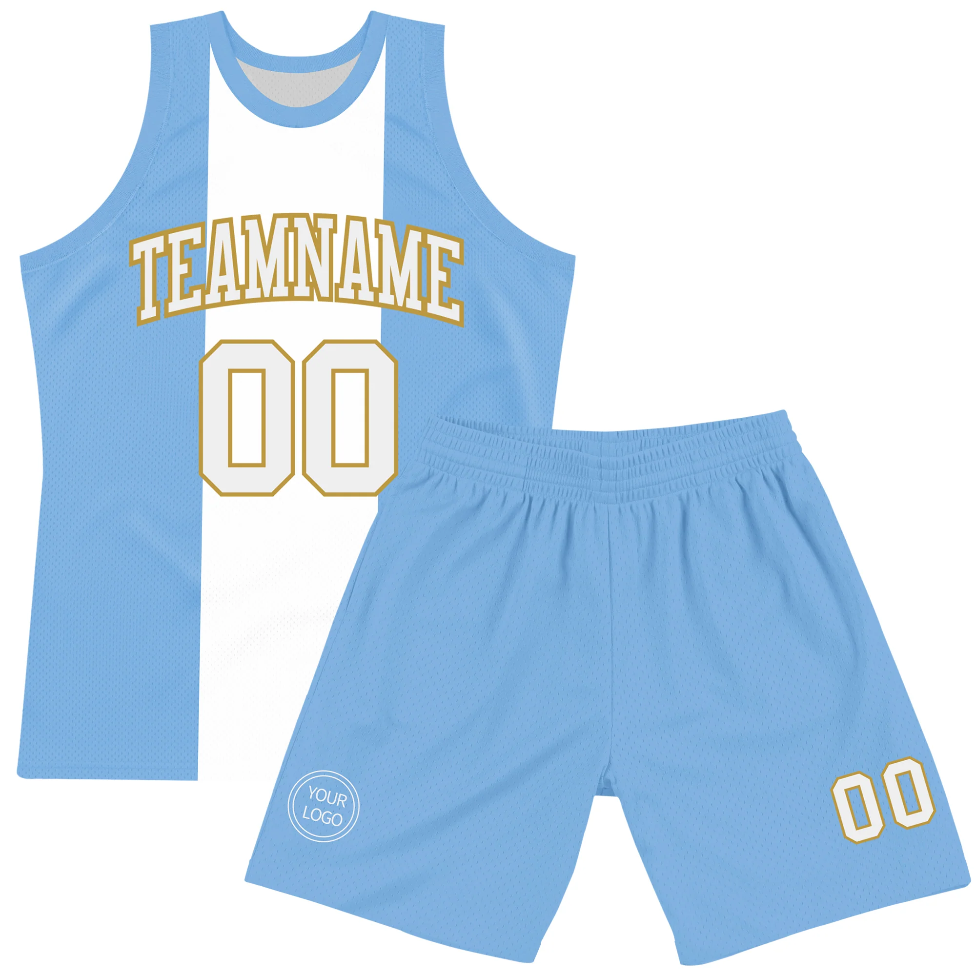 Custom Light Blue White-Old Gold Argentinian Flag Round Neck Sublimation Basketball Suit Jersey - Image 2