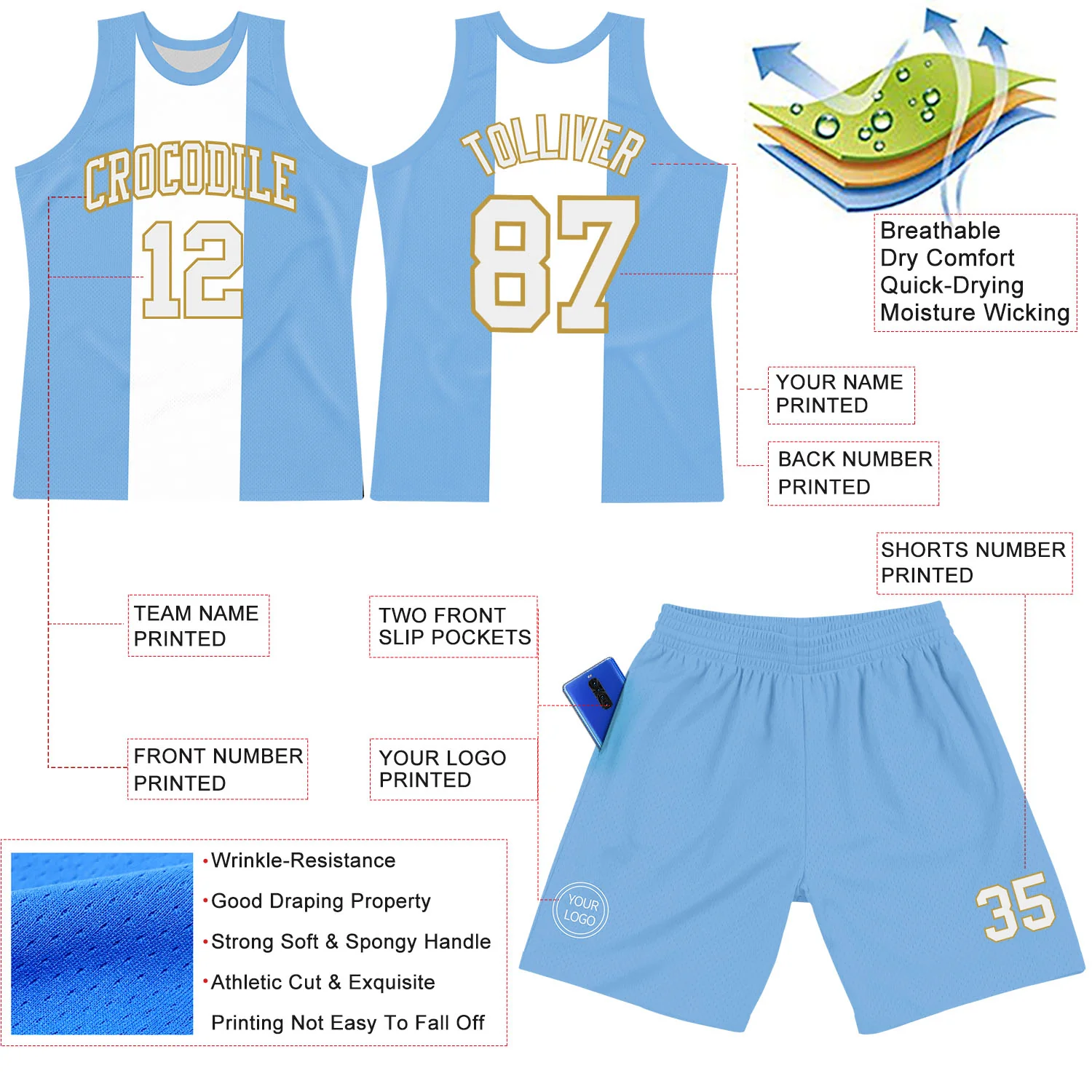 Custom Light Blue White-Old Gold Argentinian Flag Round Neck Sublimation Basketball Suit Jersey - Image 3