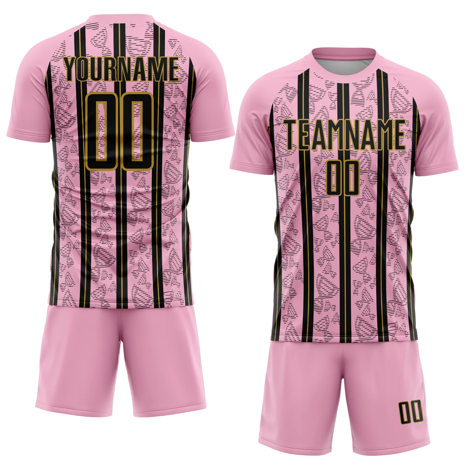 Custom Light Pink Black-Old Gold Stripe Line Sublimation Soccer Uniform Jersey - Image 2