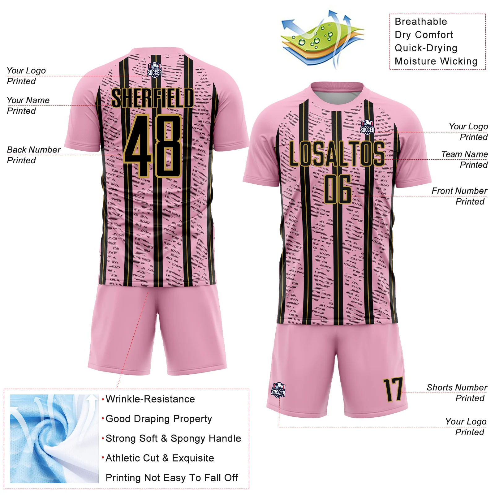 Custom Light Pink Black-Old Gold Stripe Line Sublimation Soccer Uniform Jersey - Image 4