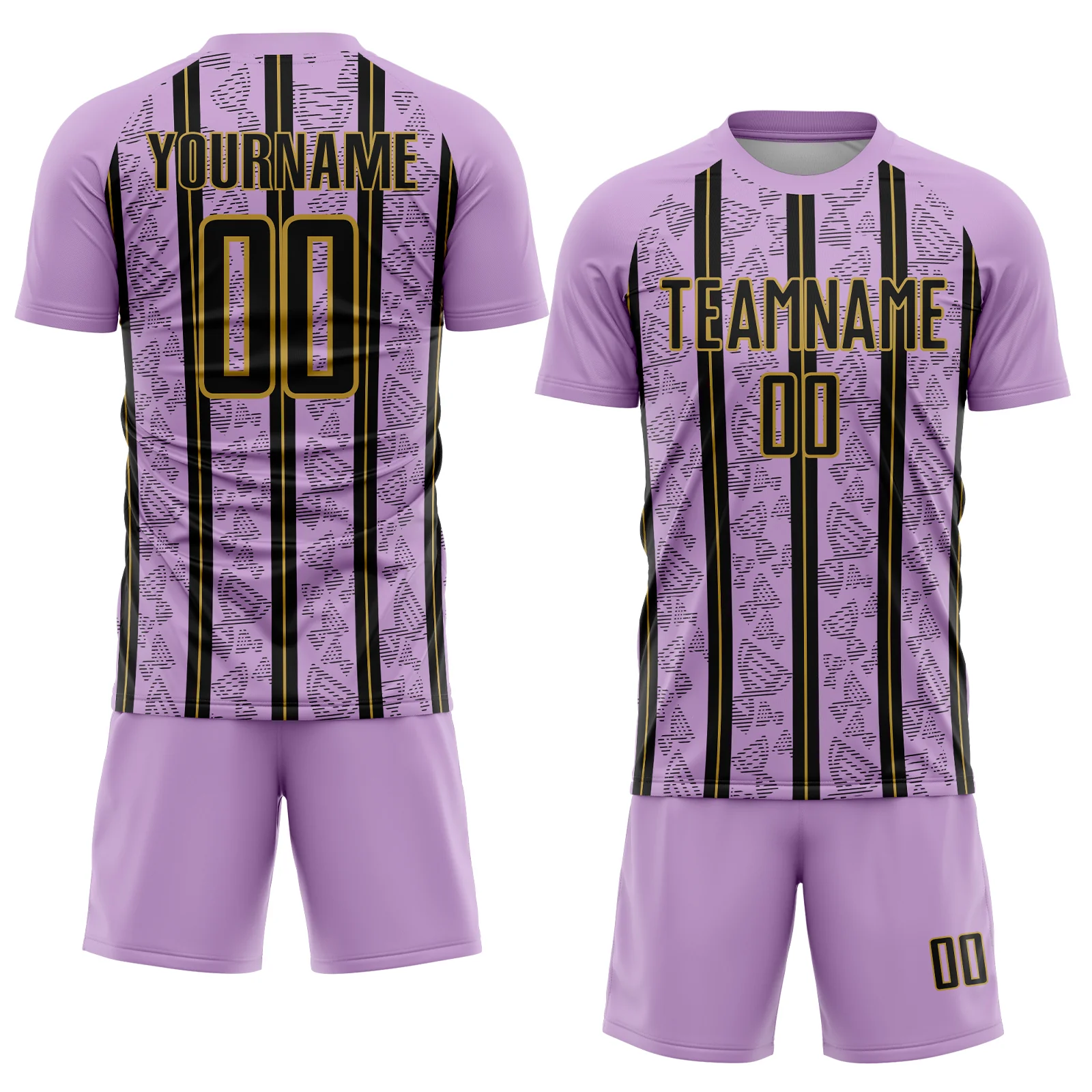 Custom Light Purple Black-Old Gold Stripe Line Sublimation Soccer Uniform Jersey - Image 2
