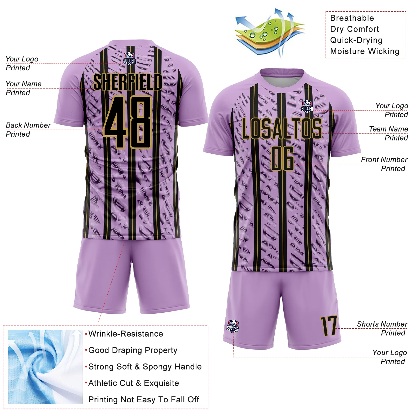 Custom Light Purple Black-Old Gold Stripe Line Sublimation Soccer Uniform Jersey - Image 4