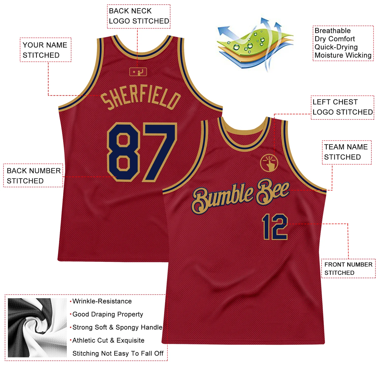 Custom Maroon Navy-Old Gold Authentic Throwback Basketball Jersey - Image 2