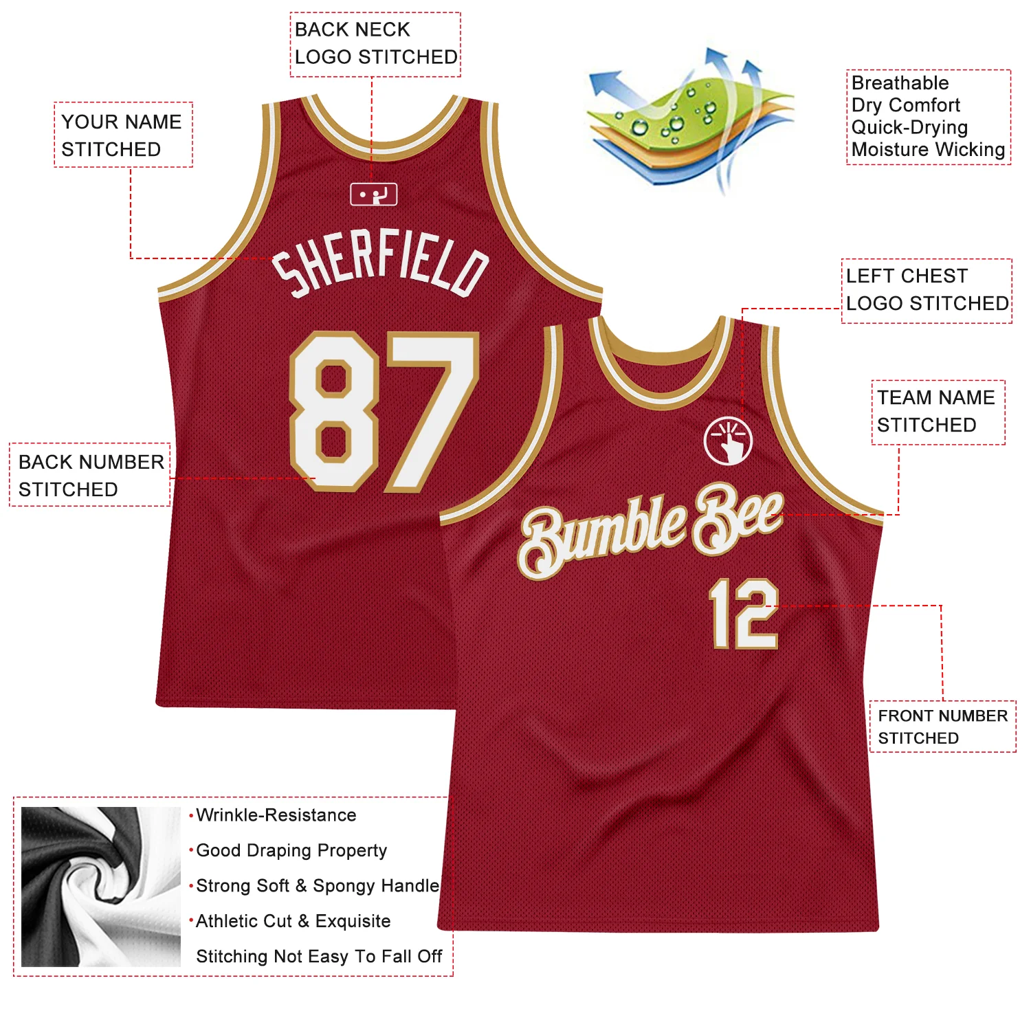 Custom Maroon White-Old Gold Authentic Throwback Basketball Jersey - Image 2