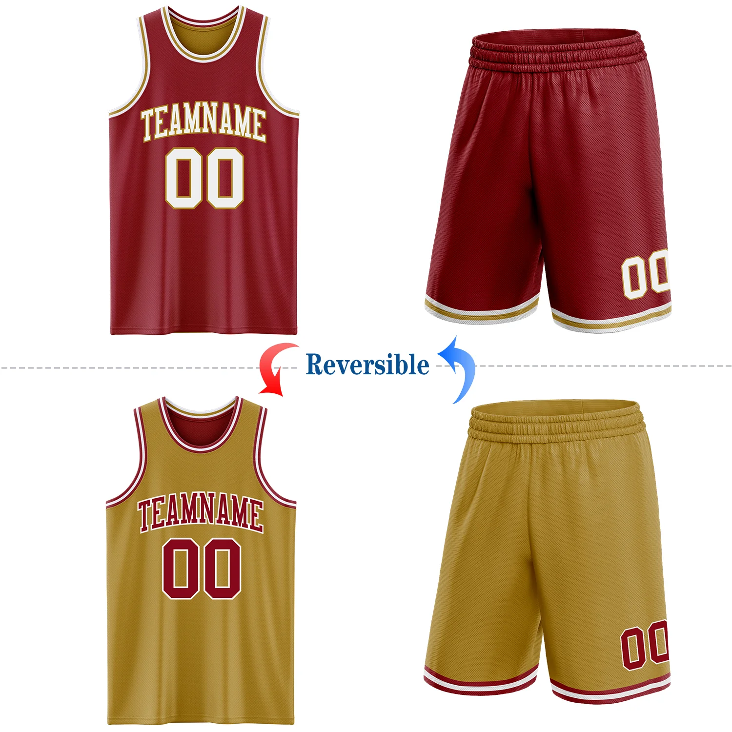 Custom Reversible Maroon White-Old Gold Double Side Sublimation Basketball Suit Jersey - Image 2