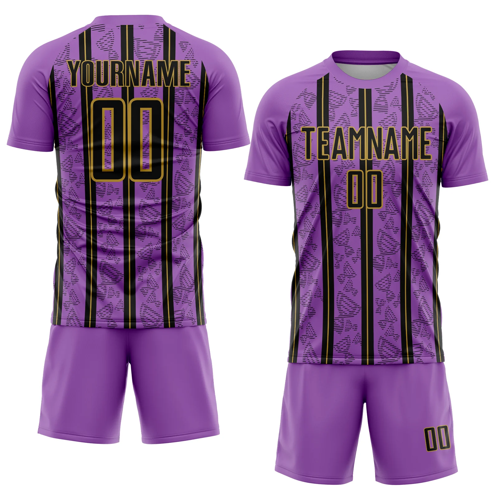 Custom Medium Purple Black-Old Gold Stripe Line Sublimation Soccer Uniform Jersey - Image 2