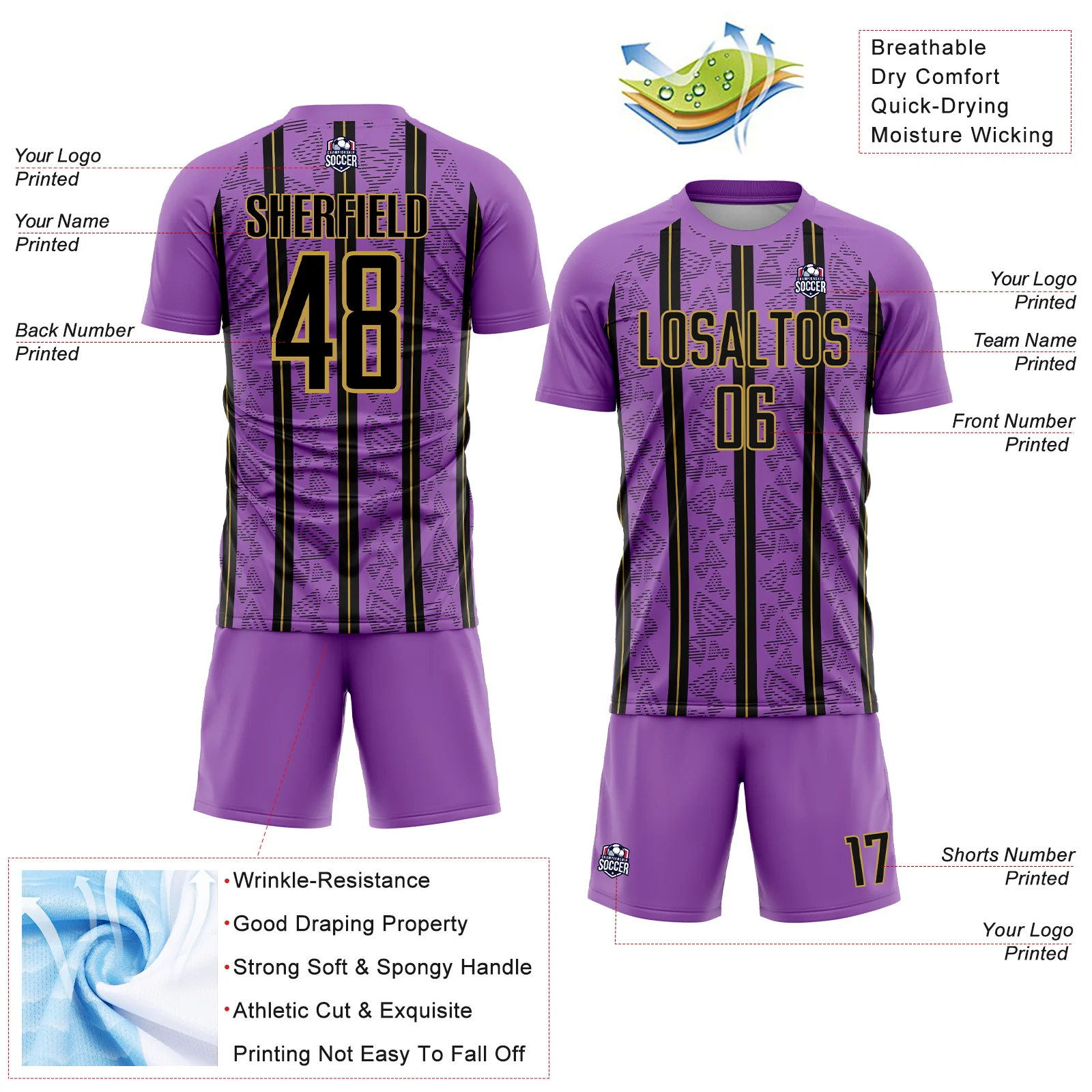 Custom Medium Purple Black-Old Gold Stripe Line Sublimation Soccer Uniform Jersey - Image 4