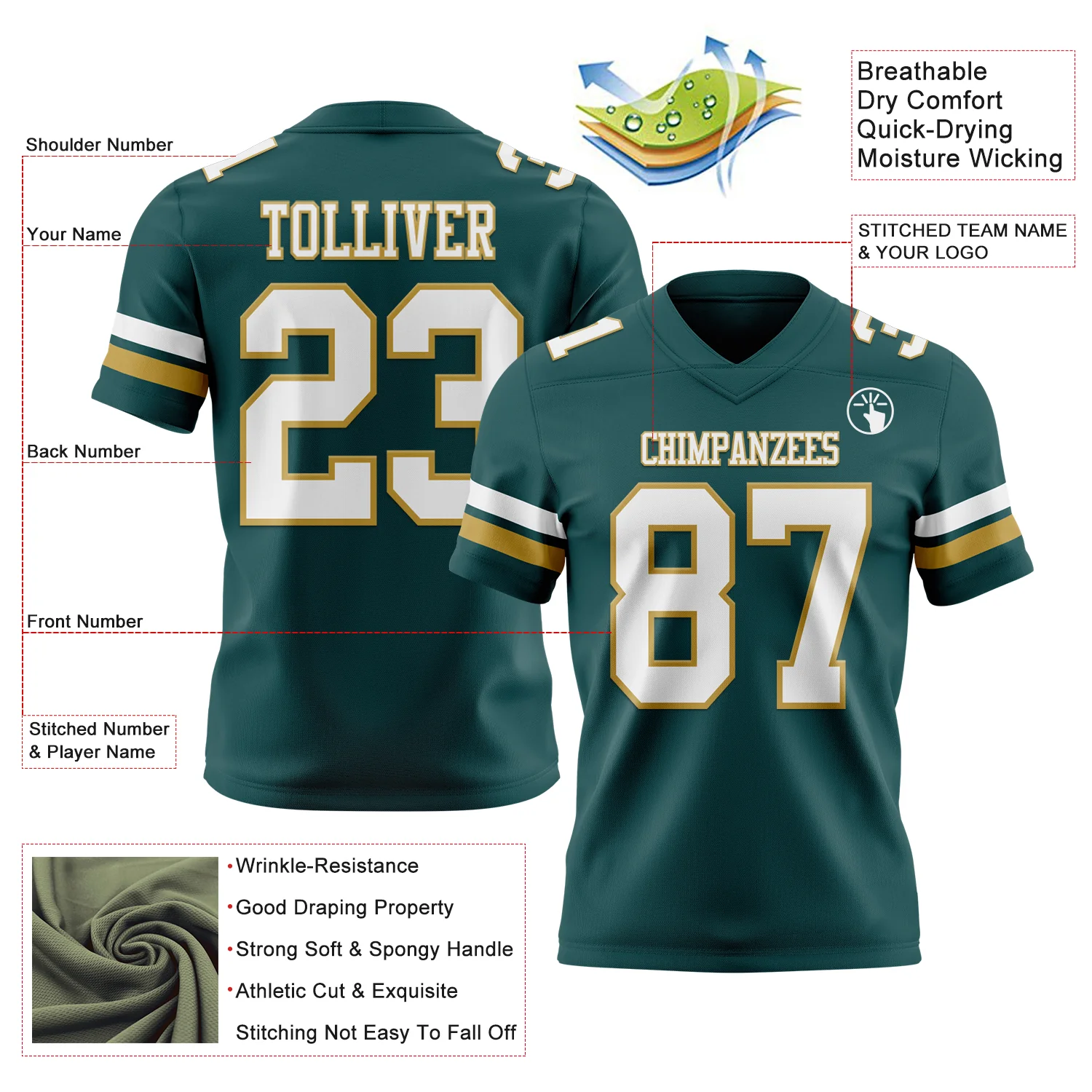 Custom Midnight Green White-Old Gold Authentic Football Jersey - Image 3