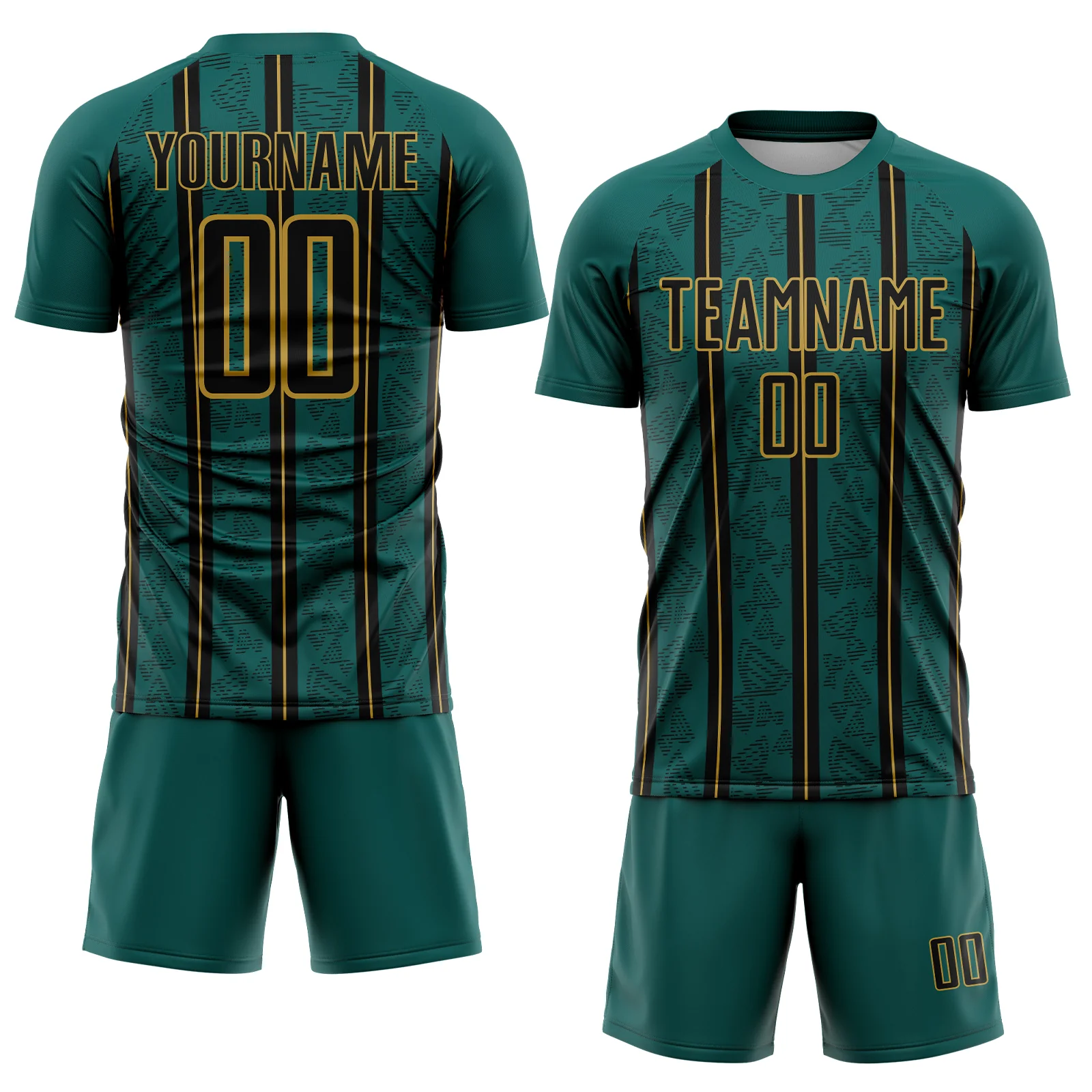 Custom Midnight Green Black-Old Gold Stripe Line Sublimation Soccer Uniform Jersey - Image 2
